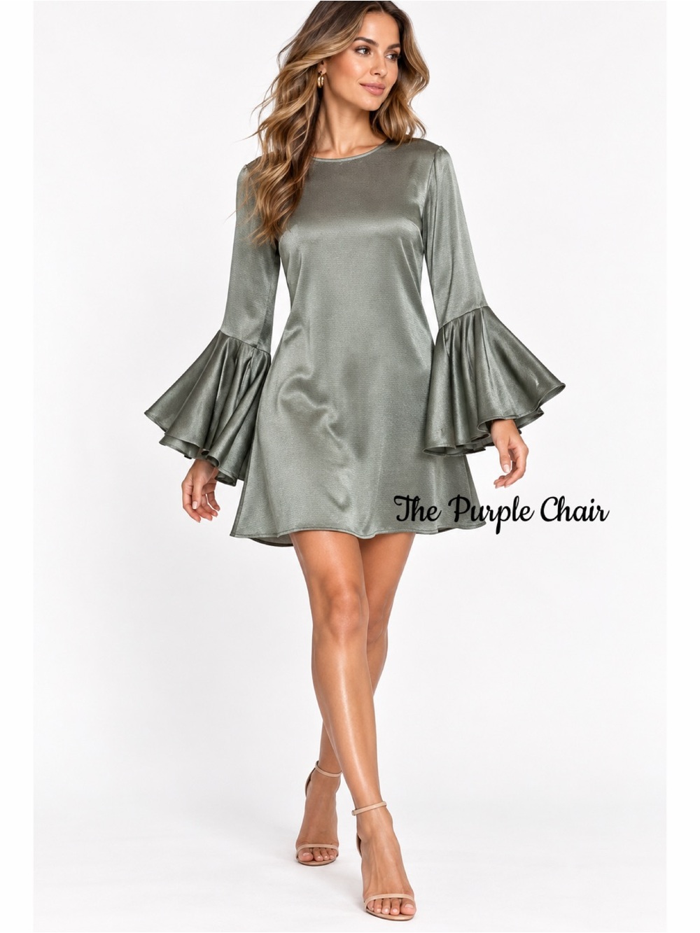 ALEXIS Pewter Textured Long Bell Sleeve Dress S